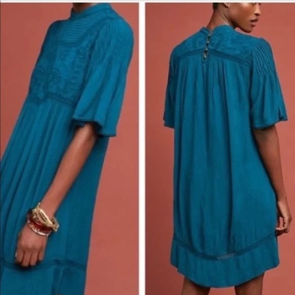 Meadow Rue Anthropologie Calistoga Tunic Dress Teal Blue Embroidered Boho Mini - Picture 2 of 10